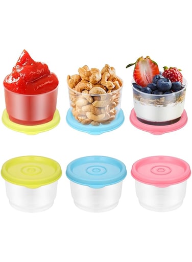 Azonee 6Pcs Small Food Containers with Lids, 160ML Plastic Snack Pots, Airtight Kitchen Food Container Reusable Stackable Pots for Lunch, Microwave, Freezer Safe and Dishwasher (Yellow, Blue, Pink)
