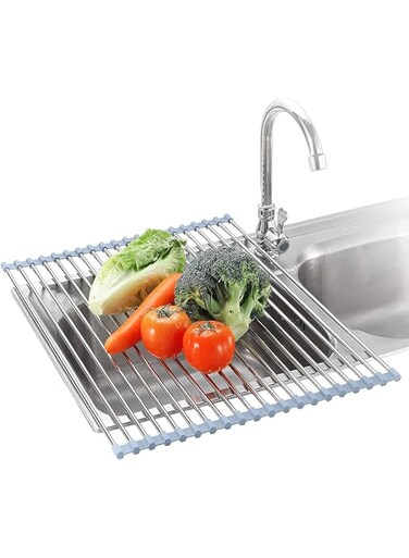 Benting Roll Up Dish Drying Rack, Over The Sink Dish Drying Rack Kitchen Rolling Dish Drainer, Foldable Sink Rack Mat Stainless Steel Wire Dish Drying Rack for Kitchen Sink Counter (Grey)