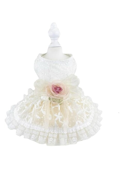 Luxury Rose Lace Dog Dress with Leash Ring,Pet Bride Costume Clothes for Small Dogs Girls,Formal Dog Wedding Party Dresses Apparel (White, S)