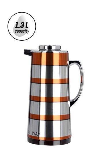 RF9588 - Double Wall Golden Figured Vacuum Flask   1.3 L   Portable Heat Insulated Thermos for Keeping Hot/Cold 24 &amp; 36 Hours Retention   Push Button   Coffee, Hot Water, Tea, Beverage   Ideal for Commercial &amp; Outings Silver/Orange/Black