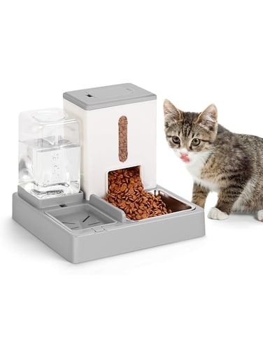 Excefore Gravity Pet Feeder and Water Dispenser Set, Automatic Cat Food Dispenser, Automatic Pet Feeder and Water Dispenser 2 in 1 Suitable for Cats and Small Dogs (Grey)