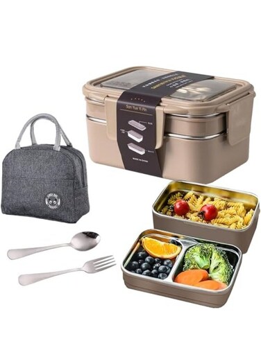 Bento Box, Stainless Steel Double Layer Lunch Box with Spoon and Fork, Stainless Steel Lunch Box with lunch bag, Leakproof Bento Box Khaki