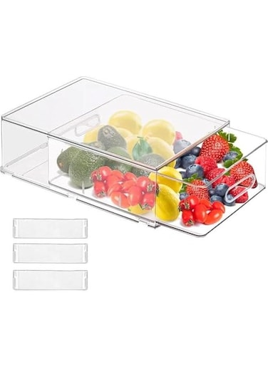 Refrigerator Organizer Bin with Pull-out Drawer, Large Fridge Organizer and Food Storage Clear Containers, Stackable Pantry Organizer with Handle, BPA Free (6L)
