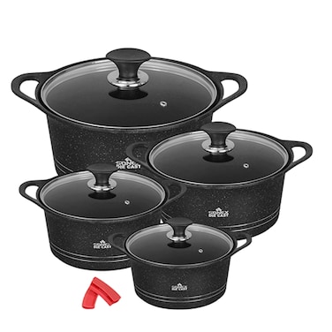Sonex - Diecast Eden King Cookware Set, 10-Piece, Marble Non-Stick Coating, Glass Lids, Silicone Holders, 3L-13L, PTFE &amp; PFOA-Free, Dishwasher Safe, Black