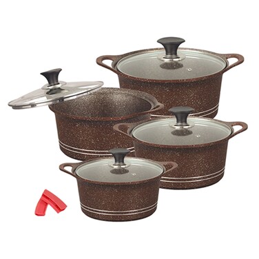 Sonex - Diecast Eden King Non-Stick Cookware Set, 10-Piece, Glass Lids, Silicone Holders, 3L-13L, Marble Coating, PFOA-Free, Dishwasher Safe, Chocolate