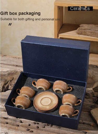 Vintage Elegance Espresso Cups Set - 6 Ceramic Coffee Cups Saucers, Retro Caf&Atilde;&copy; Style, Gift Boxed, High-Fired Porcelain, Dishwasher Safe - European Inspired Coffee ware Collection-Brown