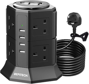 BEPiTECH 12-in-1 Extension Tower with 8 UK-UAE Power Sockets and 4 USB Ports, 2-Meter Cord, Space-Saving and Elegant Design for Office, meeting room and Home, Compatible with Multiple Large Plugs
