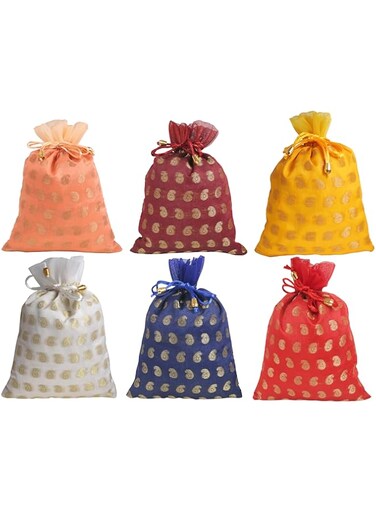 Touchstone Indian Handcrafted Paisley Chanderi Fabric Red Yellow Blue White Maroon Peach Wedding Bridal Party Drawstring Potli Pouches Bags For Gift Jewelry. Set Of 6 For Women.