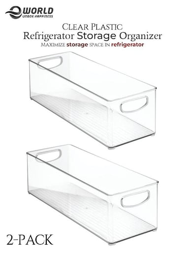 Pack of 2 Clear Plastic Refrigerator Storage Organizer Bins Food Container Box with Handles for Fridge Freezer Pantry Kitchen Cabinet