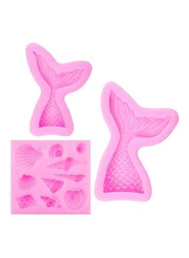 Size Fish Tail Marine Series Mermaid Cake Liquid Silicone Fondant Mold Shell Conch Pink lare fishtail 80, small fishtail 50, shell 70grams