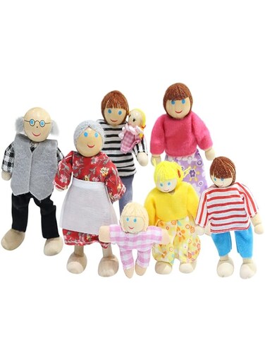 SKEIDO Small Wooden Toys Set Happy Dollhouse Family Dolls Figures Dressed Characters Children Kids Playing Doll Gift Kids Pretend Toy 7pcs