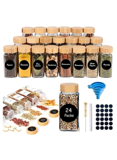 Spice Jars With Labels for Kitchen Organizing Drawers 120 Ml Glass Jars With Cleaning Brush and Collapsible Funnel Food Storage Jars 24 Pcs With Bamboo Lids.