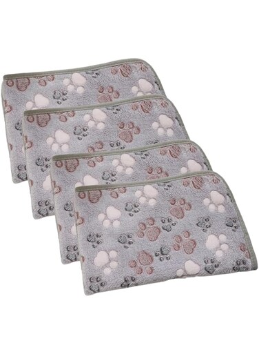 Duomama 4 PCS Small Pet Cozy Paw Print Fleece Blanket - Keep your furry friend warm and cozy with a soft sleep pad and crate liner - For dogs, cats and other small pets - Gray, Small