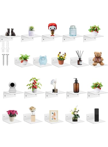 Juexica Small Acrylic Floating Shelves for Wall Adhesive Wall Mounted Shelves for Bathroom, Bedroom, Living Room, Office (White,20 Pcs)