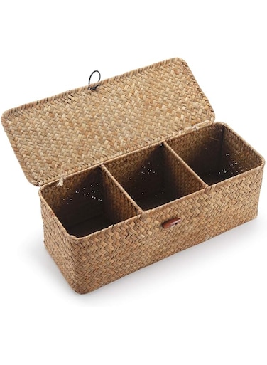 DECRAFTS Seagrass Storage Basket with Lid Rectangular Small Woven Shelf Baskets with Sections for Organize Snack Toys Tampon