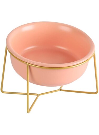 HCHLQLZ Orange Small Ceramic Tilted Elevated Cat Dog Bowl Raised Cat Food Water Bowl Dish Pet Comfort Feeding Bowls with Gold iron stand