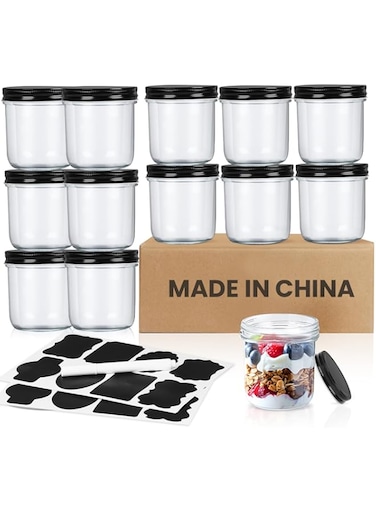 SKYLINK 12 Pack 10oz Glass Mason Jars with Black Lids, Wide Mouth Small Canning Jars for Jam, Honey, Jelly, Baby Food, Spices, Wedding &amp; Shower Favors, Kitchen Storage Containers