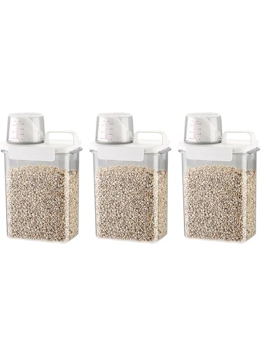 KUKUMAJI 3PCS Rice Airtight Storage Container,Cereal Dry Food Flour Bin,Small Rice Bucket with Measuring Cup and Pour Spout Kitchen Plastic Airtight Container for Grain Flour Oatmeal Pet Food (1800ml)