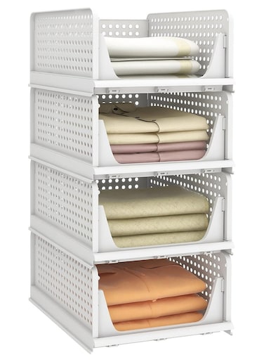 4 Pack Stackable Plastic Storage Basket, Foldable Closet Organizers and Storage Bins Drawer Shelf Storage Container for Wardrobe Kitchen Bathroom Office Dorm, Cupboard ﻿