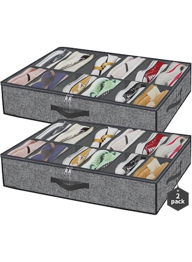 Large Shoe Organizer Under Bed Set of 2 (Fit 12+12 Pairs), Sturdy Underbed Shoe Storage Box Bin with Strong Zippers &amp; Reinforced Handles, Organizador De Zapatos, Grey