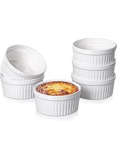 AKDC Ramekins 4 Oz Oven Safe/Dessert/Ice Cream/Dipping Soy Sauce/Snacks Bowls, Small Ceramic Creme Brulee Dishes For Baking, Souffle, Pudding, White Set Of 6