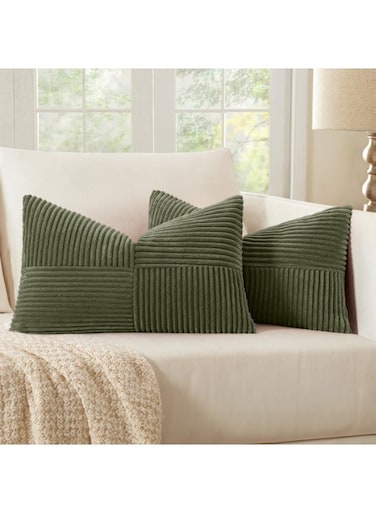 Set of 2 Boho Lumbar Accent Pillows Covers, Corduroy Textured Throw Pillow Covers with Cross Patchwork Design, Soft Spliced Decorative for Sofa, Bed &amp; Reading Nook (Olive Green)