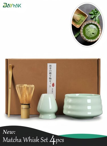 4 Pcs Matcha Whisk Set, Japanese Tea Set includes Matcha Bowl with Spout, Matcha Whisk and Holder, Bamboo Matcha Scoop - Ceremonial Grade Matcha kit for Matcha Tea Lovers (Cyan Green)