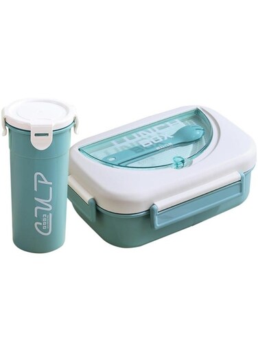 Bento Lunch Box Water Cup Set for Kids,1000ml Bento Lunch Box Set with 400ml Water Bottle, 4 Compartments Portions Lunchbox with Tableware and Sauce Containers Green