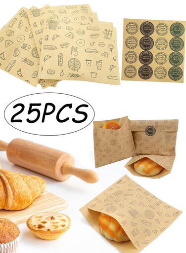 Pcs Paper Sandwich Bags Grease proof Brown Kraft Paper Snack Bags with 2 Sheets Seal Stickers Ideal for Toast, Treat, Cookie, Pastry, Burger, Lunch