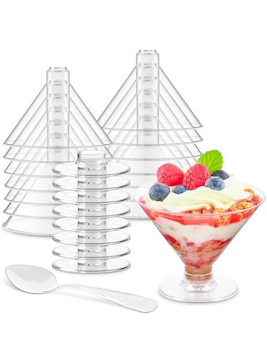 BIGTHREE Dessert Cups with Spoons, 40 Pack Clear Parfait Appetizer Cups, Plastic Tasting Cups, Disposable Cake Cups, Plastic Martini Glasses for Champagne, Mocktail, Desserts