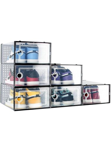 VUCATIN Foldable Shoe Storage Boxes with Clear Door, Plastic Shoe Storage Organzier Sneaker Container with Lid, Stackable Shoe Organizer Bin Holder for Closet Entryway (stackable/6-black)