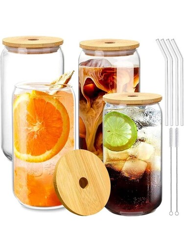 Drinking Glasses with Bamboo Lids and Glass Straw 4pcs Set 16oz Can Shaped Glass Cups