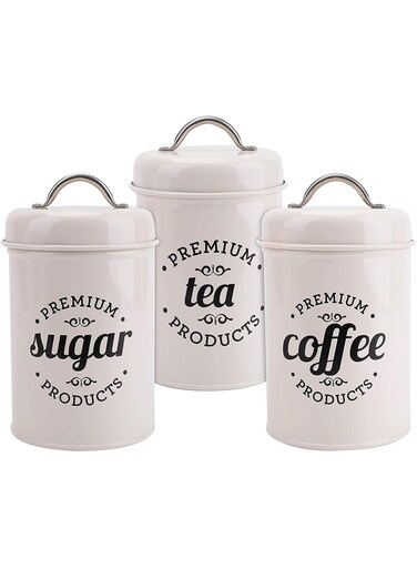 3-Piece Vintage Airtight Kitchen Containers Decorations with Lids Portable Coffee Tea Sugar Set Metal Canister Can Pot Decorative Jars Food Storage (white)