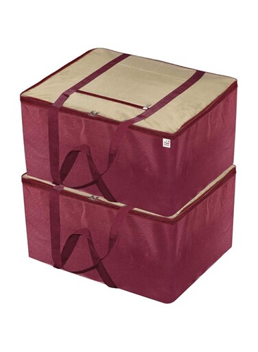 Fun Homes Small Size Foldable Travel Duffle Bag, Underbed Storage Bag, Wardrobe organizer (Brown &amp; Maroon)-Pack of 2