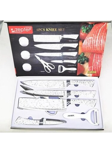 6 Pieces Knife Set- Stainless Steel-With Strong Non-Stick Coating -Unique Design Easy-Grip Handle, Dishwasher-safe, White