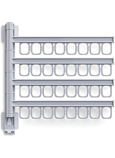 TOMVAES Wall Mount Drying Rack with 4-Tier Capacity, 180-Degree Rotatable, Serrated Clamping Design for Secure Drying, Space-Saving Clothes Drying Rack, Includes Hook for Easy Storage, 31.5 * 32.5 cm