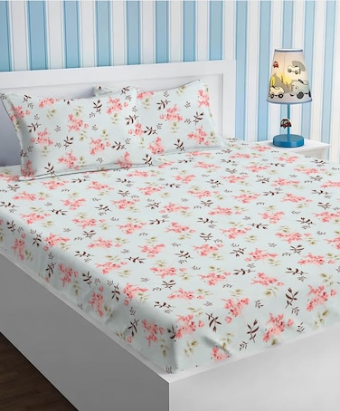 Premium Glace Cotton Double Fitted Bedsheet Set  with 2 Pillow Covers 183x198 +15 Cms &ndash; Soft Blue