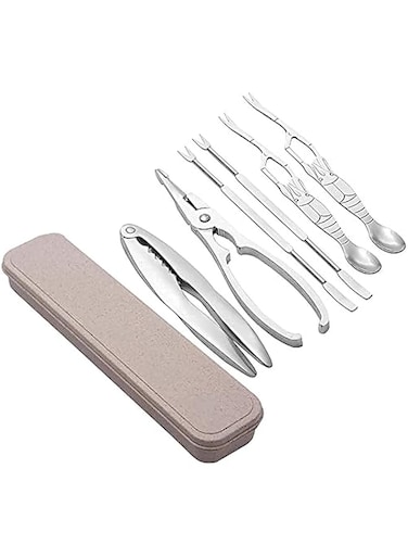 SYOSI Stainless Steel Seafood Tool Kit Seafood, Nuts, Shellfish, Lobster and Crab Cracker Tool Set Crustacean Set with Storage Box, 2 Pcs Lobster Crackers and 4 Pcs Stainless Steel Seafood Forks