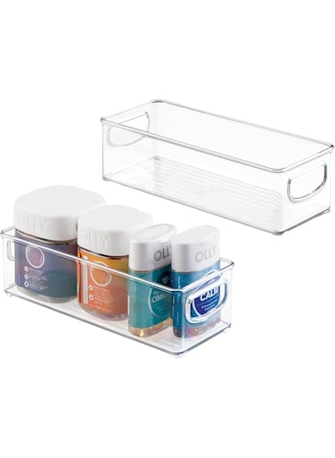 Plastic Stackable Pantry Bin - Storage Bin with Handles for Cabinets or Fridge - Set of 2 - Clear