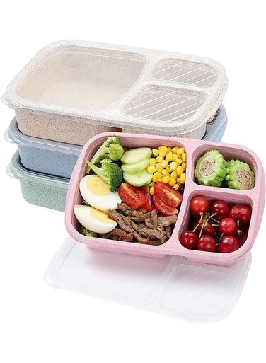 4 Pack Bento Lunch Box Set, 3 Compartment Food Storage Containers, Wheat Straw Meal Prep Lunch Box, Food Storage Containers, Microwave and Dishwasher Safe