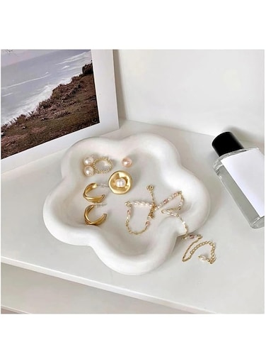 FACAICAI Small Jewelry Dish Tray for Women, Ceramic Jewelry Tray, Ring Dish Holder Jewelry Plate Tray, Cute Cloud Tray Decorative Dish, Perfume Trinket Dish for Ring Earring (White Flower)