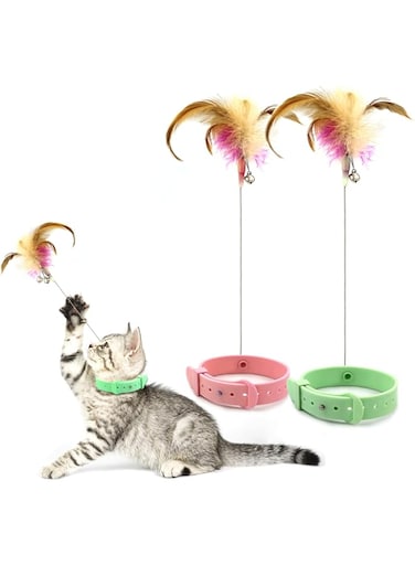 Hcpet 2Pcs Cat Feather Toy, Interactive Cat Wand Collar Toys with Bells and Feathers, Indoor Toy Gifts for Cats to Make Them Less Lonely, Ideal Toy for One or More Cats at The Same Time