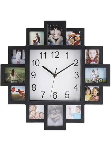 Luqeeg Wall Clock, 2 in 1 Plastic Flower-shaped Wall Clock + Photo Frame Black Stylish Wall Clock Modern Home Decor Living Room Decoration, Non-toxic/Eco-friendly/