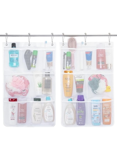 2 Pack Mesh Shower Caddy, 7 Pockets Hanging Shower Organizer with Quick Drying Mesh, Portable Space Saving Bathroom Organizer to Hold Soap, Shampoo and Cruise Ship Essentials, White