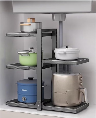 Click to see full view
5‑Tier Adjustable Under Sink Organizer with Honeycomb Anti‑Slip Metal Shelves &ndash; Black Rust‑Proof Kitchen Storage Rack for Cabinet, Countertop or Sink Area