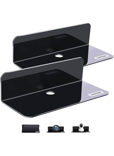 OAPRIRE Acrylic Floating Wall Shelves Set of 2, Damage-Free Expand Wall Space, Black Small Wall Shelf for Smart Speaker, Action Figures, Monitor with Cable Clips, Stick on, No Drill