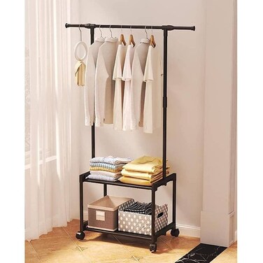 Clothes Rack Garment Rack with Large Storage Box, Clothes Organizer with 2 Metal Mesh Shelves and 2 Hooks for Balcony, Bedroom, Living Room