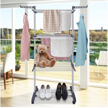 Clothes Drying Rack, 4-Tier Foldable Drying Rack for Clothes, Portable Laundry Rack with Wheels Indoor Outdoor Freestanding
