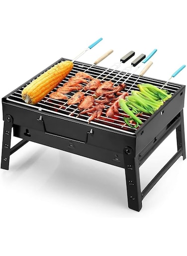 AKDC Portable BBQ Grill Folding Style Outdoor Barbeque Grilling Toaster Charcoal BBQ Oven Black Carbon Steel Outdoor Camping Hiking Trekking Use Foldable Easy to Carry Multipurpose Use