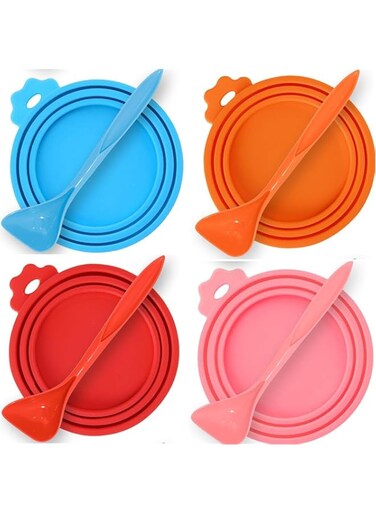 VELEGO Food Can Lids,Pet Food Can Lids,Silicone Pet Food Can Lids Covers,Fits Most Standard Size Dog and Cat Can Tops for Pet Food Storage Orange + Blue + Pink + Red (with spoon)